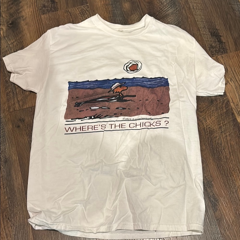 Men’s White Graphic Tee “Where’s the chicks?”